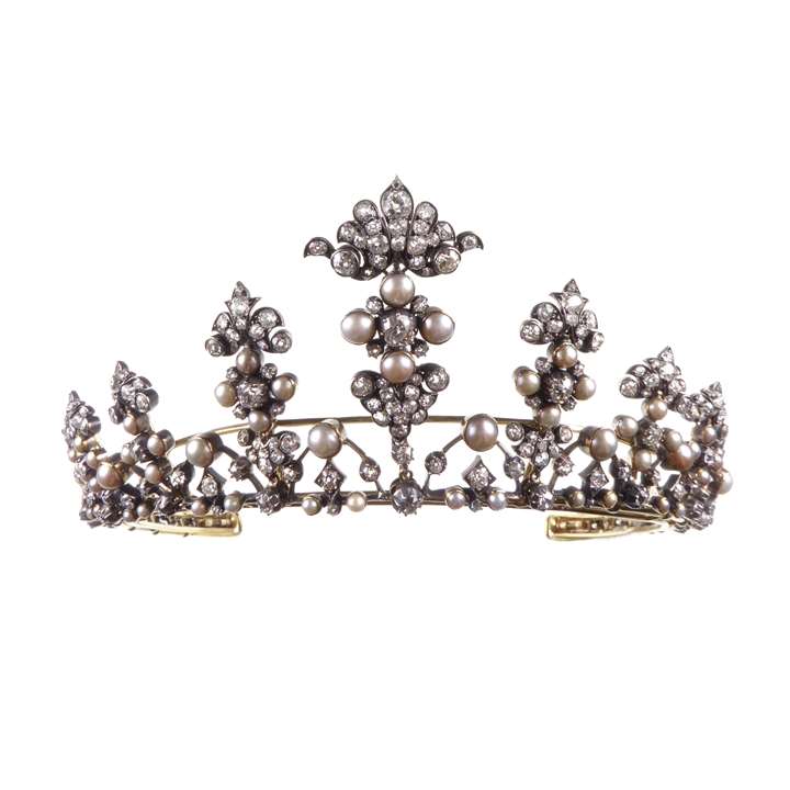 Victorian pearl and diamond cartouche cluster tiara, converting to a necklace, formerly belonging to the Earl of Perth